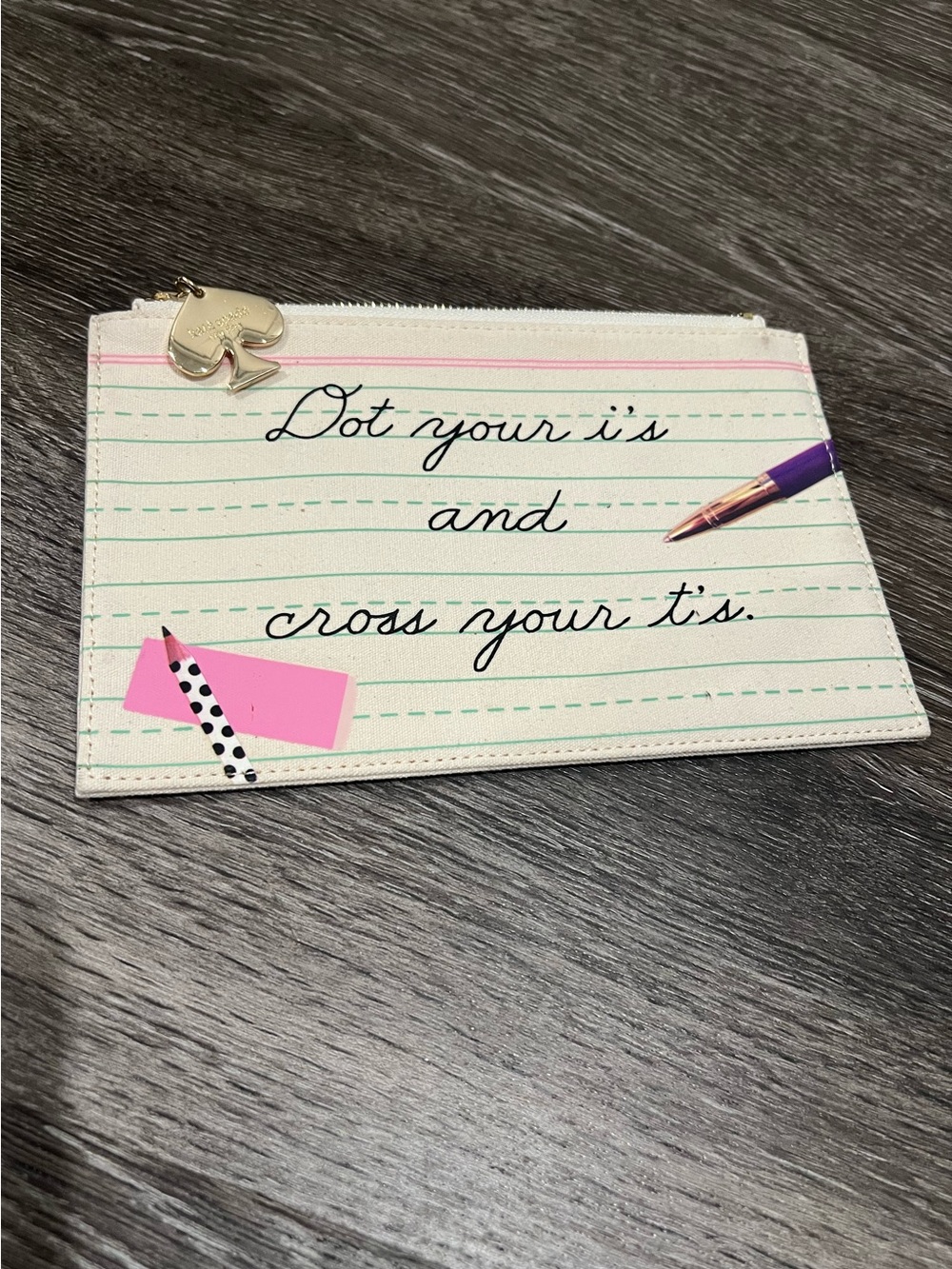 Kate Spade New York Pencil Zip Pouch with Script and Pink Accents